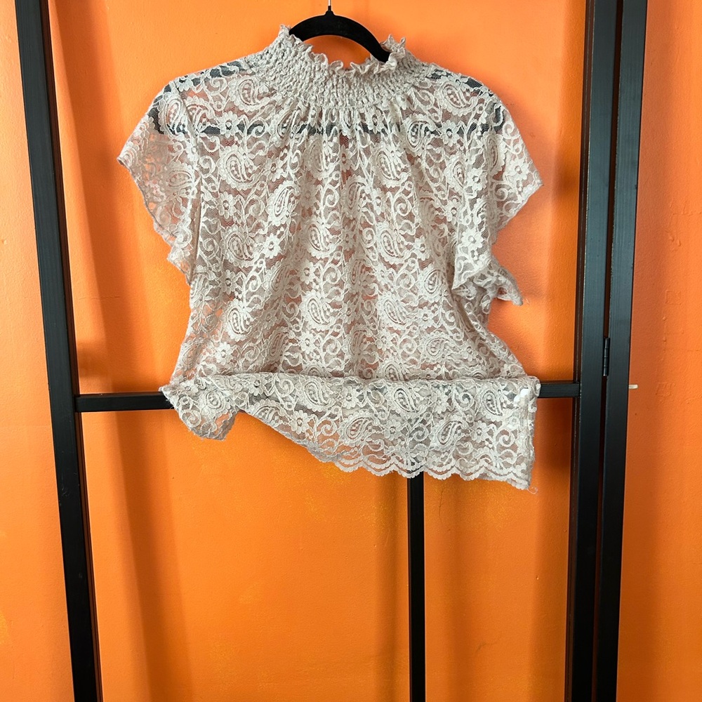 Anthropologie Smocked Neck Lace Blouse - Cream